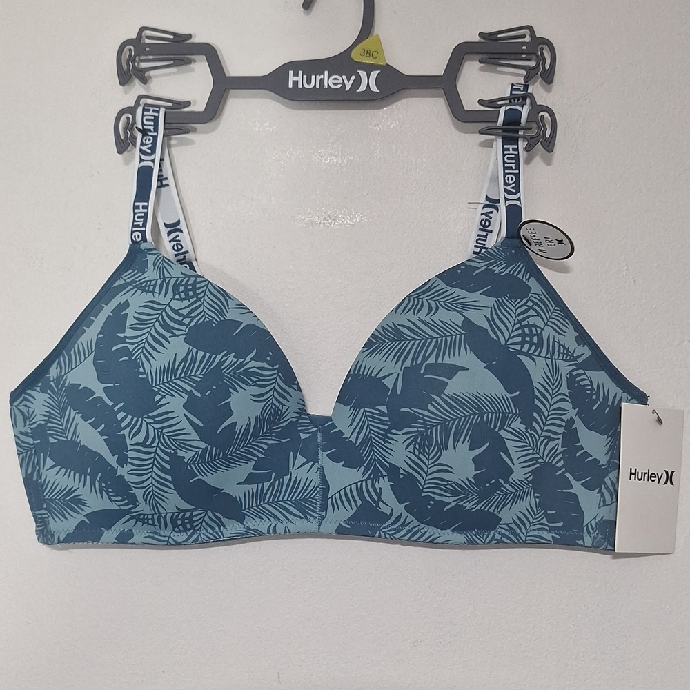 Hurley Teal Leaf Print Bra Wireless Padded Logo Bra